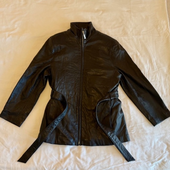 Adler Collection Womens Black Lambskin Leather Full Zip Coat with Belt, Large - Picture 4 of 13